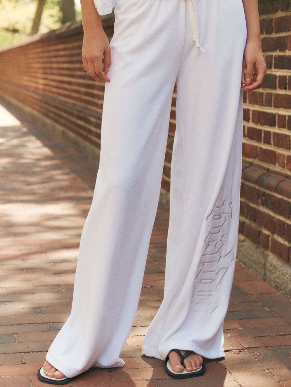 BRIDEMERCH embroidered terry white wide leg pant with drawstring